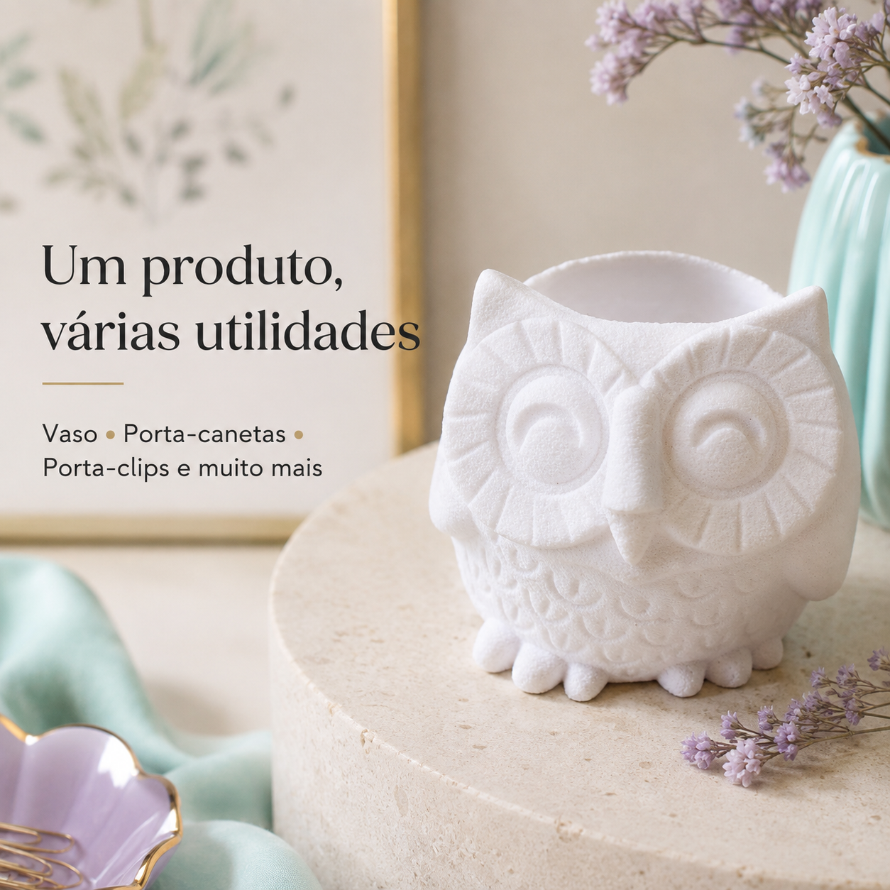 Coruja Decorativa 3D Branca Multifuncional / Vaso / Porta-Canetas e Organizador