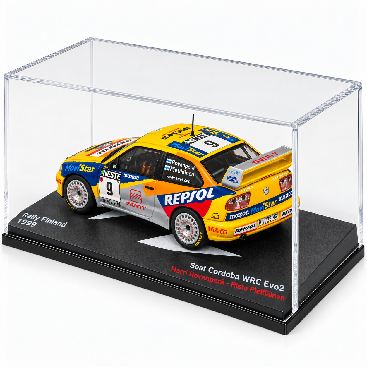 1:43 - IXO MODELS - SEAT Córdoba WRC Evo2 #9 – Rally Finland 1999 – Harri Rovanperä / Risto Pietiläinen - vista diagonal traseira
